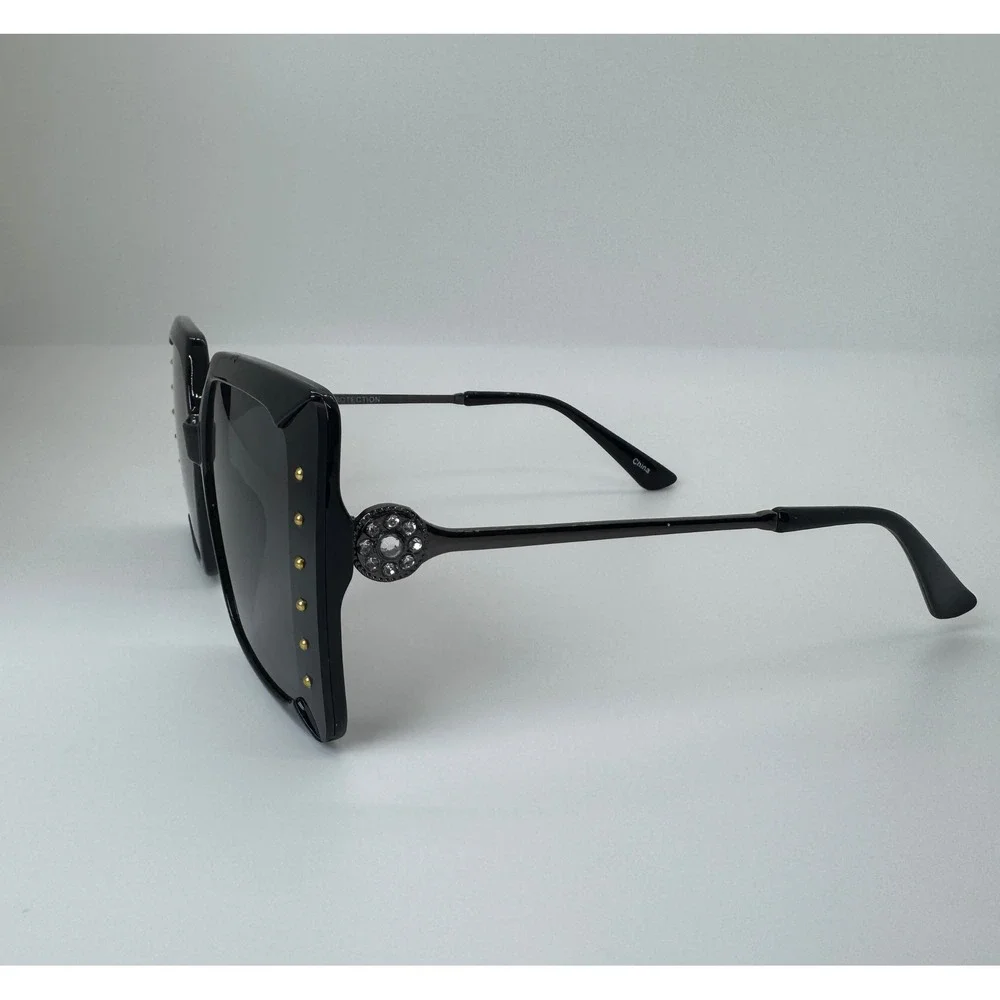 Womens Oversized Square Sunglasses Black Rhinestone Studded UV400 Protection